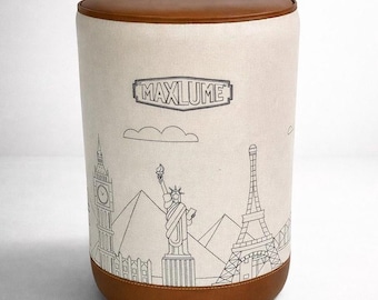 Pouffe ‘Wonders Of The World’ Pouf Solid Base Genuine Leather & Canvas Stool