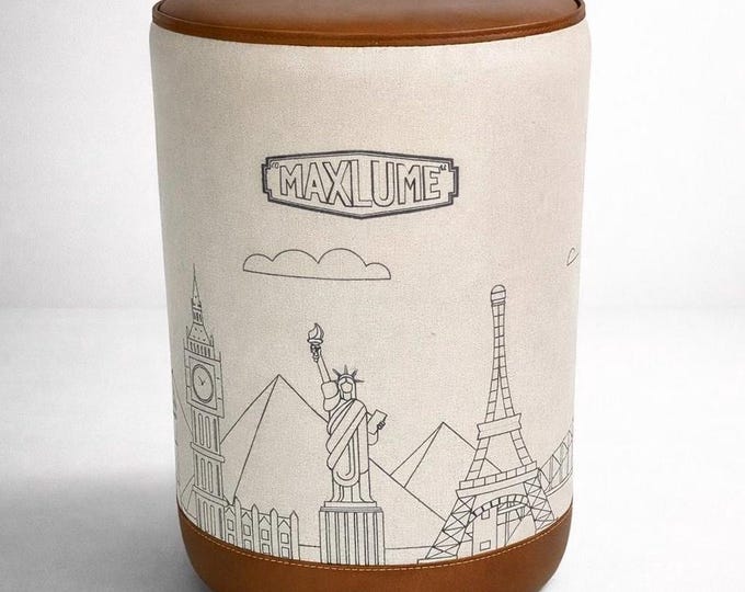 Pouffe ‘Wonders Of The World’ Pouf Solid Base Genuine Leather & Canvas Stool