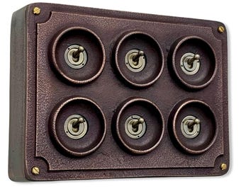 6 Gang 2 Way Antique Copper Solid Cast Metal Conduit Light Switch Industrial - Vintage Crabtree Style