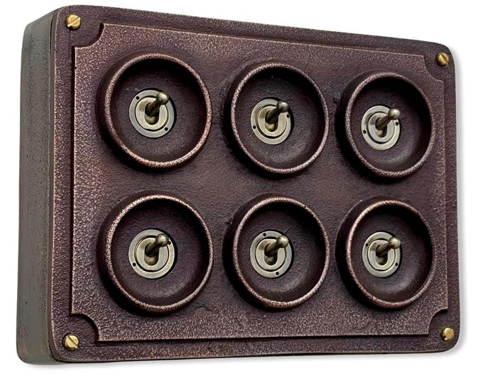 6 Gang 2 Way Antique Copper Solid Cast Metal Conduit Light Switch Industrial - Vintage Crabtree Style