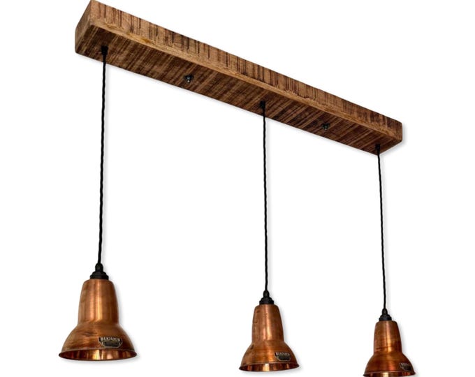 Alby ~ 3 x Antique Copper Lampshade Pendant Set Wooden Track Light | Dining Room | Kitchen Table