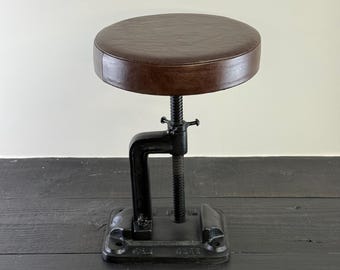 Vice Clamp Industrial Solid Bar Stool Wood or Leather Top Solid Cast Metal Base | Vintage Style | Floor Standing