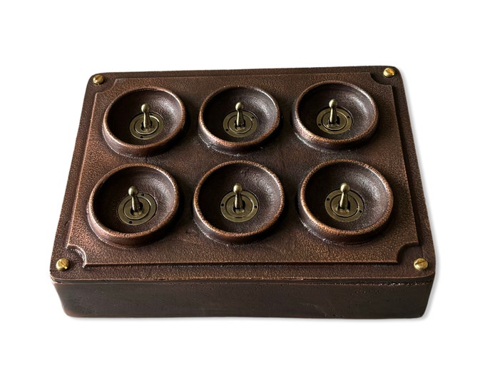 6 Gang 2 Way Antique Copper Solid Cast Metal Conduit Light Switch Industrial - BS EN Vintage Crabtree 1950’s Style