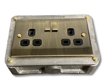 Antique Brass Double Switched 13A Power Socket 230V 13A 2 Gang 2G  Solid Cast Metal Conduit Switch Industrial - BS EN Approved
