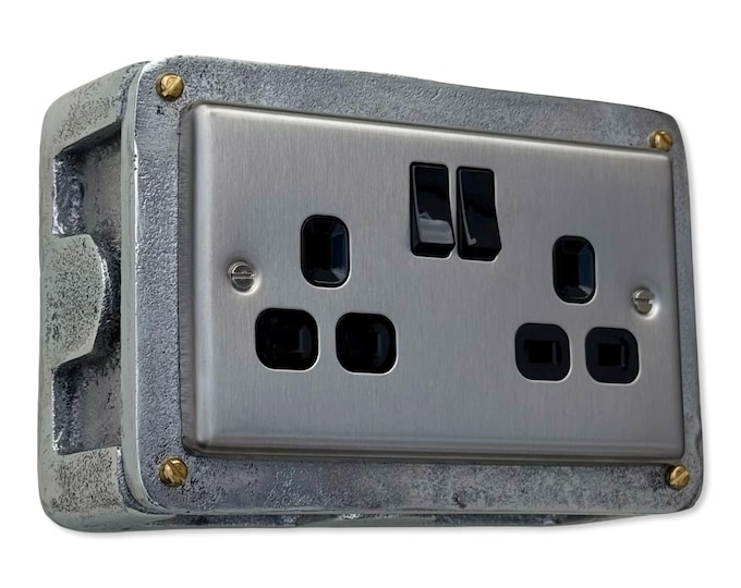 Brushed Steel Double Switched 13A Power Socket 230V 2 Gang 2G Socket Cast Metal Conduit Switch Industrial - BS EN Approved Vintage