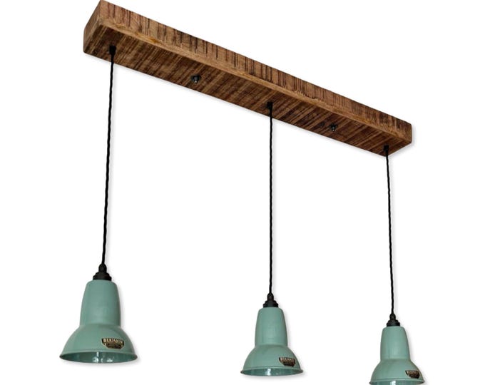 Alby ~ 3 x Pistachio Green Lampshade Pendant Set Wooden Track Light | Dining Room | Kitchen Table