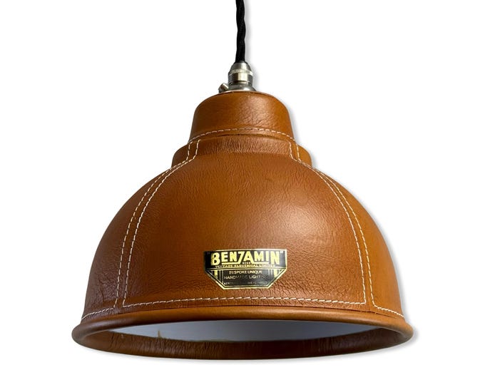 Trimingham ~ Real Genuine Leather Hand Stitched Solid Lampshade Pendant Set Light ~ 8.5 Inch