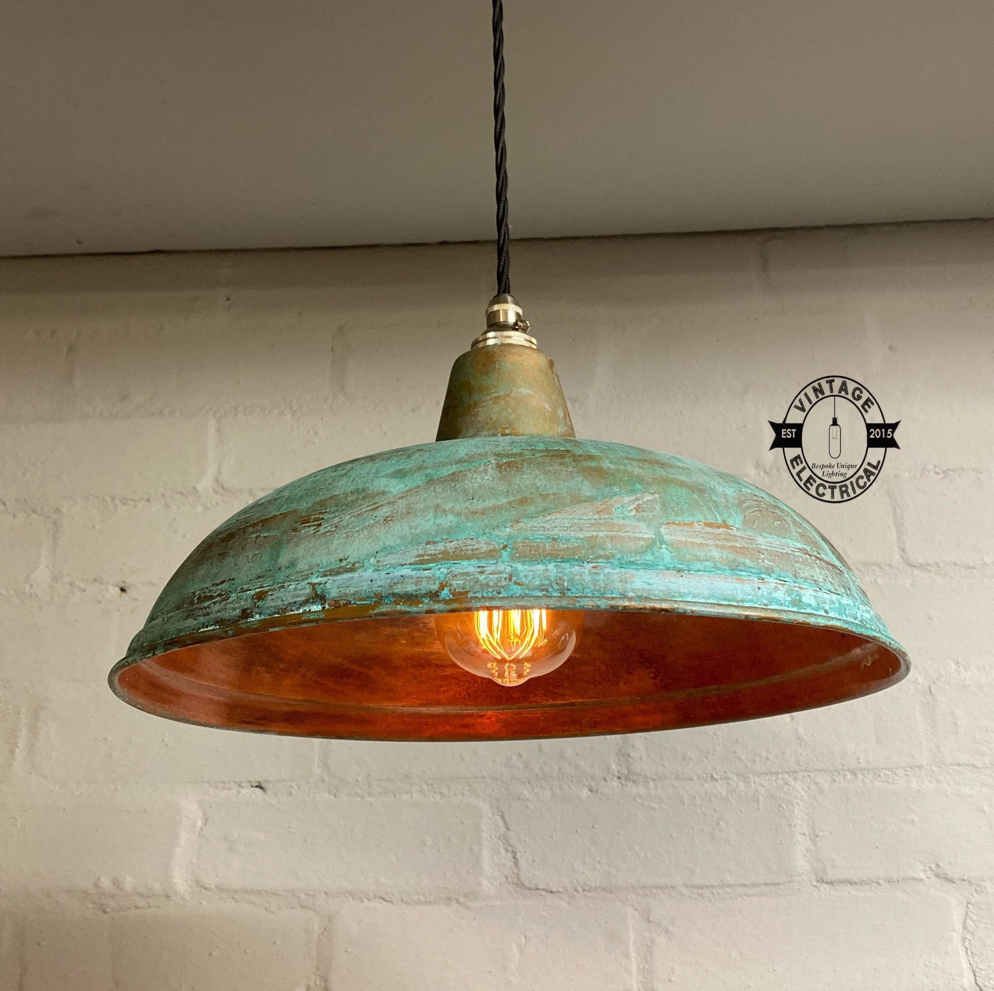 Sedgeford Copper Verdigris Patina Factory Shade Pendant Set Light