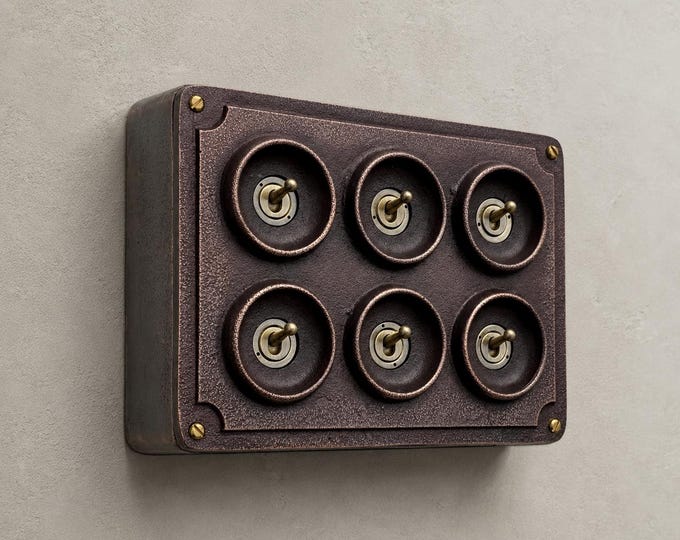6 Gang 2 Way Antique Copper Conduit Toggle Light Switch | Cast Metal