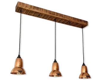 Alby ~ 3 x Solid Copper Lampshade Pendant Set Wooden Track Light | Dining Room | Kitchen Table
