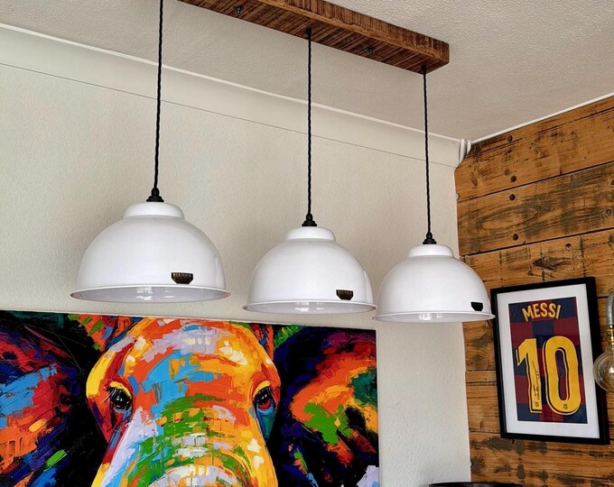 Morely XL ~ 3 x Linen White Lampshade Pendant Set Wooden Track Light | Dining Room | Kitchen Table