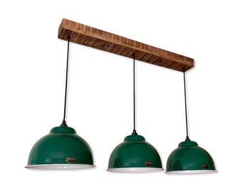 Morely XL ~ 3 x Racing Green Lampshade Pendant Set Wooden Track Light | Dining Room | Kitchen Table