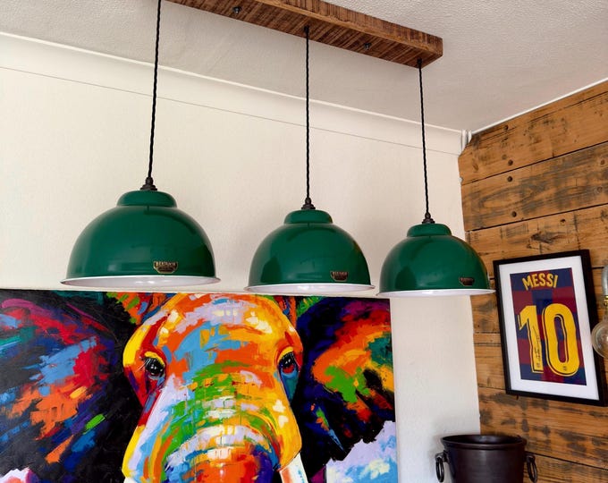 Morely XL ~ 3 x Racing Green Lampshade Pendant Set Wooden Track Light | Dining Room | Kitchen Table