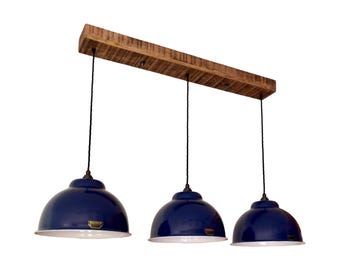 Morely XL ~ 3 x Royal Blue Lampshade Pendant Set Wooden Track Light | Dining Room | Kitchen Table