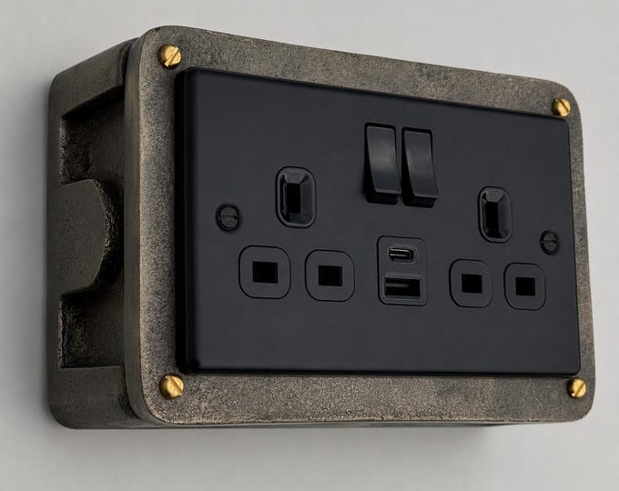 Matt Black Double Gang Plug Socket with Industrial Antique Brass Back Conduit Box