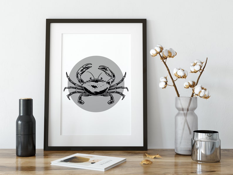 Crab Print, Crab Poster, Print, Poster, Wall Art, Home Decor, Poster Print, Wall Print, Nature Print Grey