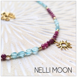 Sol y Alma - Collar de piedras preciosas: topacio azul y rubí - Collar bohemio - Collar de verano - Joyería espiritual - Amor propio - Hecho a mano