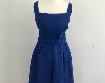 1960s Blue Brocade Party Dress with Chiffon Waist Detail * Size Small