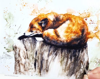 Sleeping Fox personalizable Fine Art Print of my Original Watercolor Painting - Maike Geller