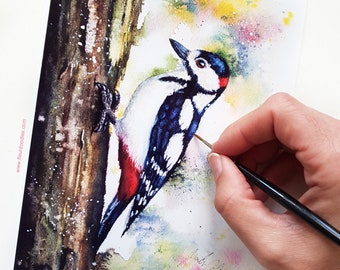 Woodpecker customizable Fine Art Print of my Original Watercolor Painting - Fleurdoodles by Maike Geller