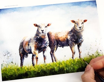 Sheeps Fine Art Print of my Original Watercolor Painting - Fleurdoodles by Maike Geller