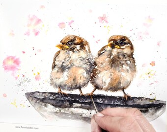 Sparrows - customizable art print from the original watercolor bird picture for birthday gift decoration Easter spring
