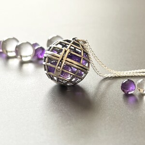 Amethyst and Clear Quartz Locket Necklace • Gem Holder Pendant • Sterling Silver Crystal Cage Necklace with Spiga Chain