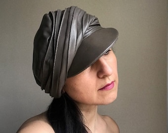 Womens And Mens Leather Hat, Newsboy Style Leather Beret Cap With Peak, Casual Hat.