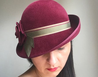 PATRICIA HAT - Red Wine Fur Felt Asymmetric Brim Cloche With Multicoloured Ribbon Combination Band And Red Rose, 1920s Style Hat