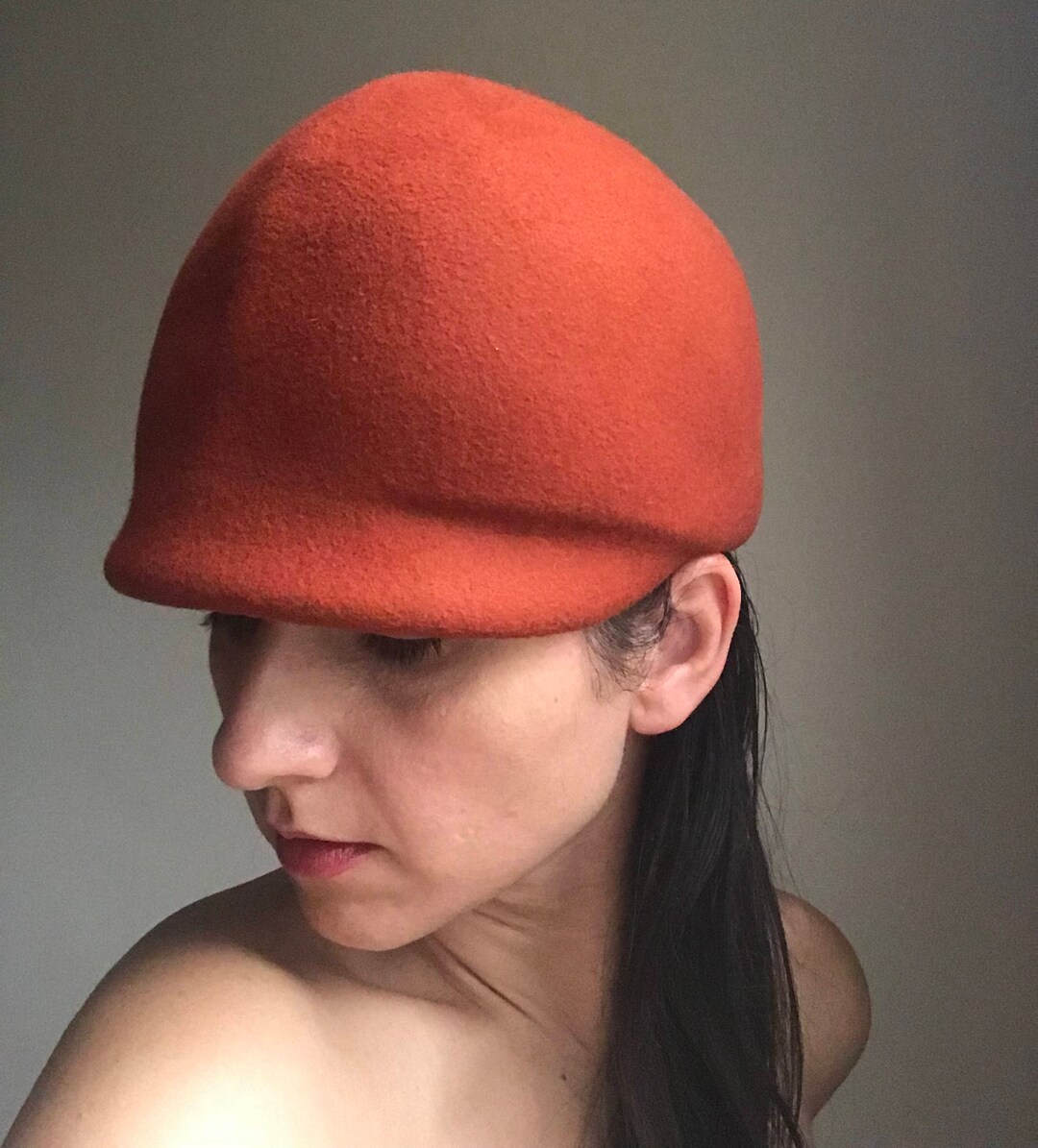 1960s Style Russet Wool Felt Cap Hat, Vintage Inspired Jockey Style Hat