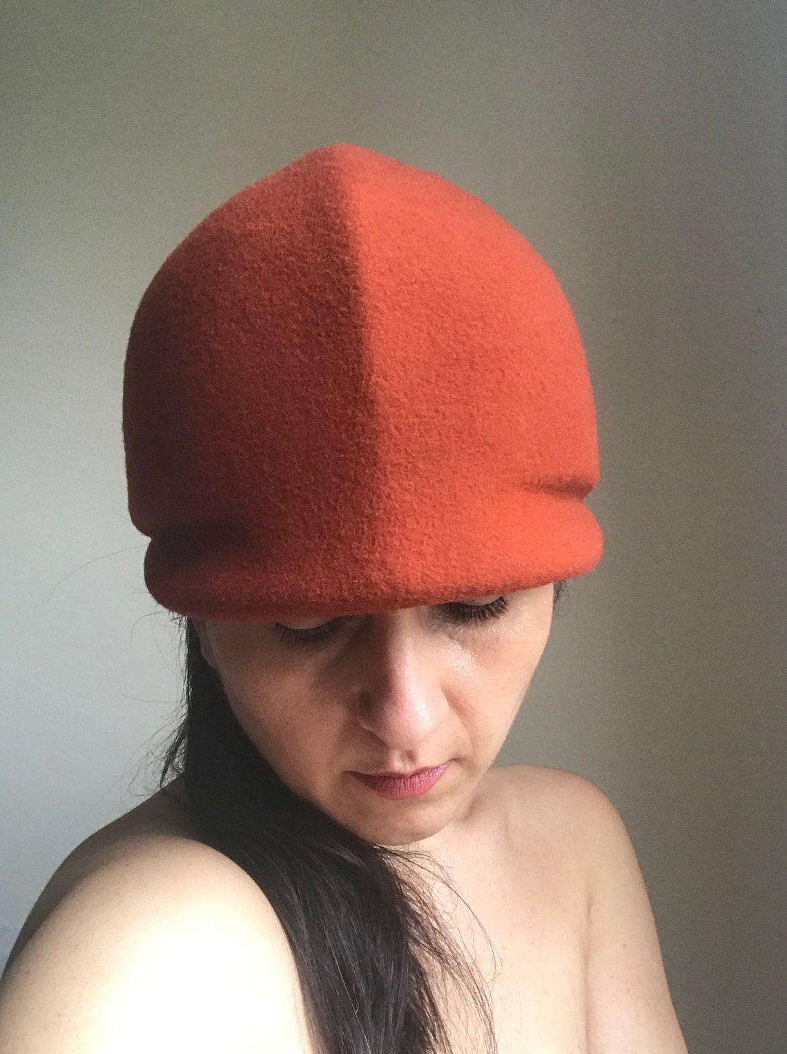 1960s Style Orange Rust Wool Felt Cap Hat, Vintage Inspired Jockey