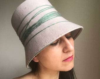 Alabaster Felt Bucket Style Cloche Hat With Green Wool Thread, Square Crown Felt Cloche, Autumn Winter Style Cloche Hat