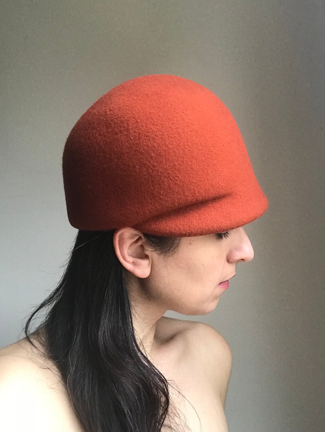 1960s Style Orange Rust Wool Felt Cap Hat, Vintage Inspired Jockey
