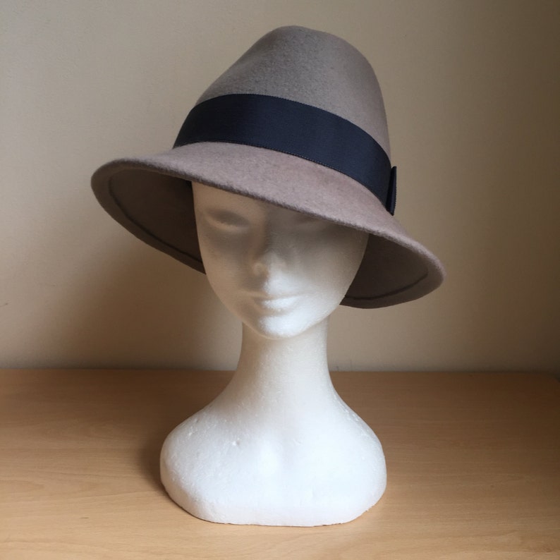 Womens and Mens Felt Trilby Fedora Hat, Classic Hat, Winter Hat, Grey Felt Fedora Hat With Dark Grey Petersham Band and Bow image 1