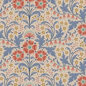 Puede incluir: Un patrón repetitivo que presenta flores estilizadas de color rojo coral con centros verde azulado, entrelazadas con follaje azul grisáceo apagado y pequeñas flores de color amarillo mostaza sobre un fondo beige claro, con puntos color coral.