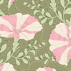 May include: A seamless floral pattern featuring large pink and white striped flowers, light green leaves, and a dark olive green background with white wavy lines. The design is reminiscent of vintage wallpaper.