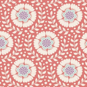 Könnte beinhalten: Ein sich wiederholendes Muster mit großen, stilisierten Blumen mit cremefarbenen Blütenblättern, hellblauen Zentren und lila Akzenten. Die Blumen sind vor einem korallenfarbenen Hintergrund mit weißen Punkten und Blattranken angeordnet.