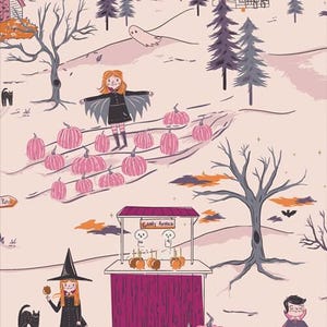 Può includere: Un'illustrazione stravagante a tema Halloween con una strega, zucche e una bancarella di mele caramellate. La scena è ambientata in un paesaggio pastello con alberi, un fantasma e un gatto nero. La bancarella ha il testo "Candy Apples".