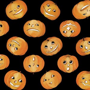 Puede incluir: Un patrón repetido de calabazas naranjas con caras talladas sobre un fondo negro. Las calabazas tienen varias expresiones, incluyendo sonrisas, ceños fruncidos y sorpresa. Las calabazas son un tema clásico de Halloween.