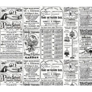 Peut inclure: Un collage de style vintage en noir et blanc, avec diverses publicités et illustrations. Le design comprend du texte, des éléments floraux et un calendrier, créant une esthétique classique.