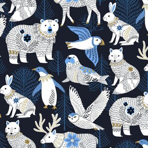 May include: A seamless pattern featuring various arctic animals, including a polar bear, a walrus, a penguin, a rabbit, a fox, an owl, a reindeer, and a puffin. The animals are depicted in a white and blue colour scheme against a dark blue background.
