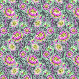 May include: A seamless pattern featuring pink flowers with green faces, yellow flowers with white centres, and purple leaves on a light green background. Bees are flying around the flowers.