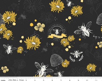 1/2 METRE -  Riley Blake Designs - Honey Bee Main C11700 Black - Bees Beehives Floral Flowers Words Text - Quilting Cotton Fabric