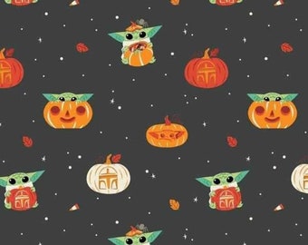 1/2 METRE -  Character Halloween Fabric - Star Wars - The Mandalorian - Pumpkin Carvings - Cotton - Charcoal Camelot Fabrics 73800369-03