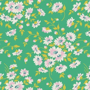 May include: A repeating floral pattern featuring white and light pink daisy-like flowers with blue centres, accented by yellow-green stems and leaves, all set against a solid, vibrant medium green background.