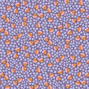 May include: A repeating pattern of orange and pink stylized flowers with green stems and leaves on a background of small, light purple dots over a dark purple background. The floral design is evenly spaced across the fabric.