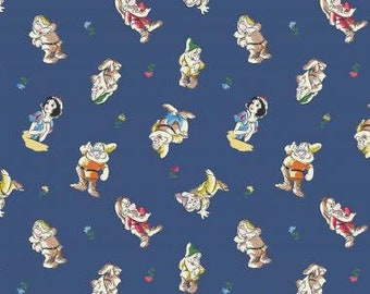 1/2 METRE - Camelot Fabrics – Blue Snow White And The Seven Dwarfs Cast Toss #85102004-2 - Quilting Fabric, 100% Cotton Fabric