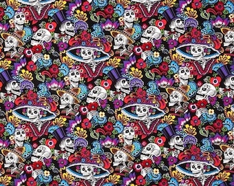 1/2 METRE -  Alexander Henry - Catrina Chiquita - Black - Mexican Skeletons - Quilting Cotton Fabric
