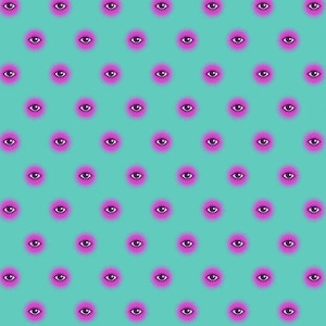 May include: A repeating pattern on a teal background featuring stylised eyes. Each eye is dark purple with a black pupil, surrounded by a vibrant pink sunburst or starburst design with radiating lines, creating a consistent grid-like graphic motif.