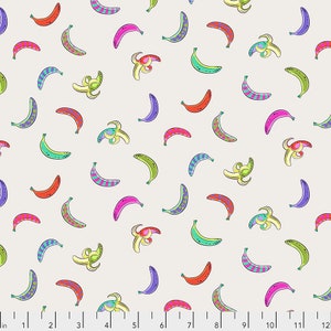 May include: A white background with a repeating pattern of colorful bananas. The bananas are in various positions and have different patterns, including stripes, polka dots, and solid colors.